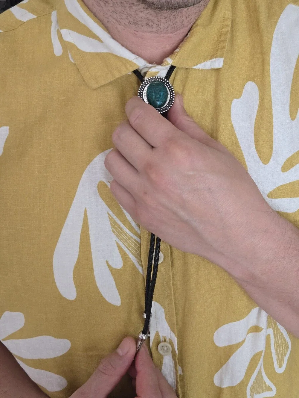 Silver Chrysocolla Scarab Western Bolo Tie Leather Braid Rockstar 70s Aesthetic